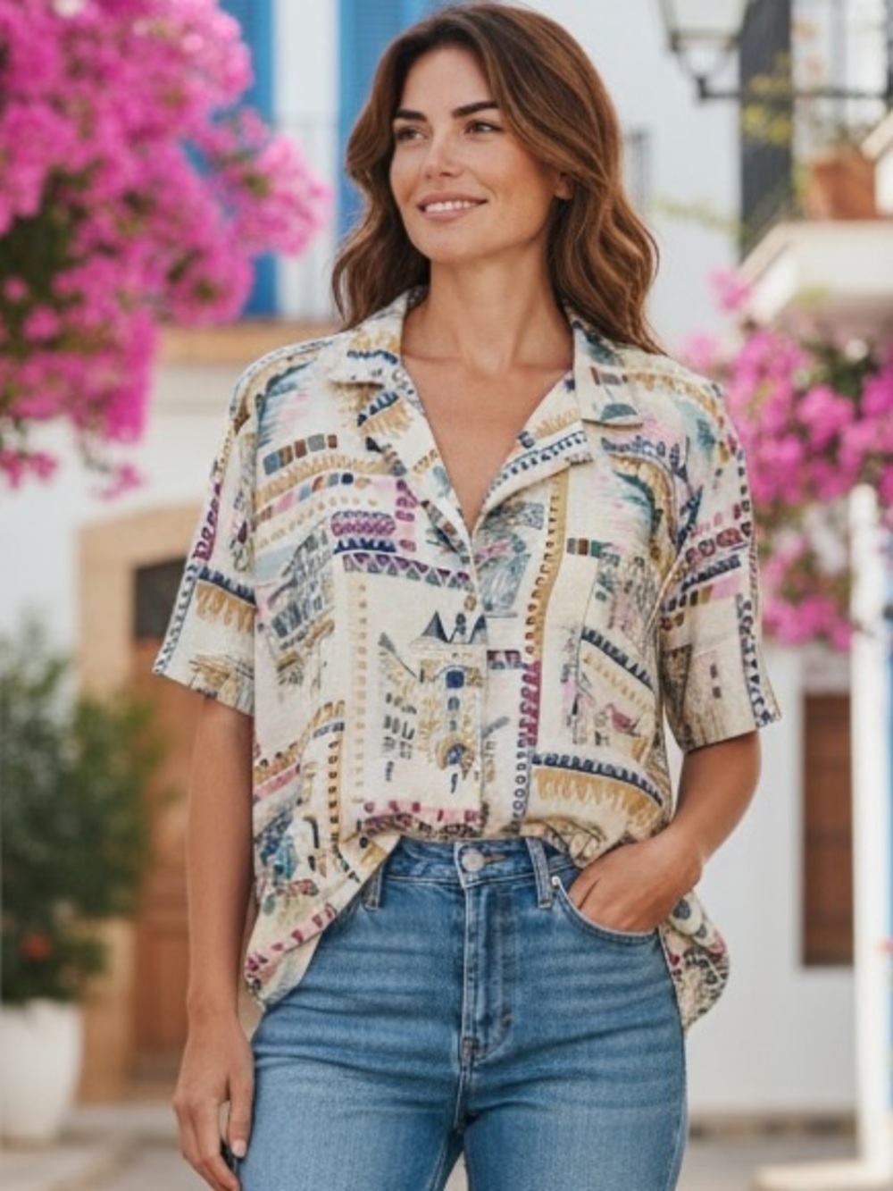 LUCKY BRAND LINEN EUROPEAN BUTTON FRONT SHIRT MEDITERRANEAN PRINT SIZE XXL CUTE